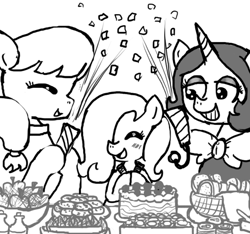 Size: 640x600 | Tagged: safe, artist:ficficponyfic, imported from derpibooru, oc, oc only, oc:emerald jewel, oc:hope blossoms, oc:joyride, earth pony, pony, unicorn, colt quest, amulet, anniversary, apple, basket, blushing, bottle, bowtie, bread, cake, child, clothes, colt, cookie, cute, eyes closed, eyeshadow, female, foal, food, hair over one eye, happy, horn, makeup, male, mantle, mare, monochrome, party, ponytail, request, robe, smiling, soda, streamers