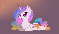 Size: 1280x752 | Tagged: safe, artist:magnaluna, imported from derpibooru, princess celestia, alicorn, pony, chest fluff, chibi, colored wings, colored wingtips, cute, cutelestia, ear fluff, female, fluffy, heart eyes, looking up, open mouth, prone, smiling, solo, sploot, wingding eyes