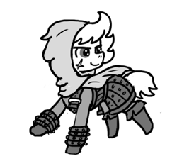 Size: 640x600 | Tagged: safe, artist:ficficponyfic, imported from derpibooru, oc, oc only, oc:ruby rouge, earth pony, pony, colt quest, adult, armor, belt, boots, female, hood, mare, monochrome, scar, smirk, sneer, solo