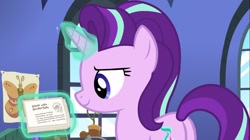 Size: 1100x618 | Tagged: safe, imported from derpibooru, screencap, starlight glimmer, pony, every little thing she does, butt, card, female, glimmer glutes, mare, plot, starlight's room