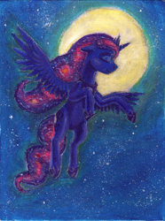 Size: 900x1210 | Tagged: safe, artist:sa1ntmax, imported from derpibooru, princess luna, acrylic painting, female, flying, moon, solo, spread wings, stars, traditional art