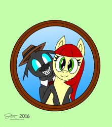 Size: 2700x3054 | Tagged: safe, artist:derpanater, imported from derpibooru, oc, oc only, oc:toothpick, changeling, clothes, fedora, female, happy, hat, husband and wife, looking at you, male, necktie, picture, picture frame, simple background, smiling, toothy grin