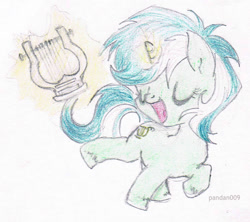 Size: 892x791 | Tagged: safe, artist:pandan009, imported from derpibooru, lyra heartstrings, pony, unicorn, eyes closed, female, filly, levitation, lyre, magic, playing, singing, solo, telekinesis, traditional art, younger