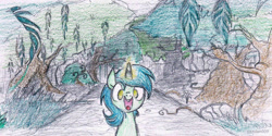 Size: 2171x1089 | Tagged: safe, artist:pandan009, imported from derpibooru, lyra heartstrings, pony, unicorn, everfree forest, female, forest, magic, smiling, solo, traditional art