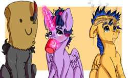 Size: 1024x626 | Tagged: safe, artist:loladotz, imported from derpibooru, flash sentry, king sombra, twilight sparkle, alicorn, pony, butter, coffee mug, disguise, drinking, fanfic art, food, hiding, magic, mug, pancakes, sack, smiling, telekinesis, twilight sparkle (alicorn)