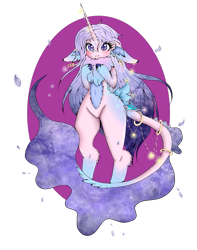 Size: 1011x1280 | Tagged: safe, artist:niniibear, imported from derpibooru, oc, oc only, anthro, original species, unicorn, adoptable, cute, ears, fluffy, furry, glow, glowing, long tail, solo, stars