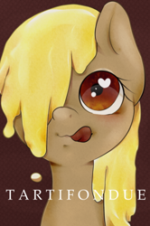 Size: 400x601 | Tagged: safe, artist:okaces, imported from derpibooru, oc, oc only, oc:tartifondue, fondue, food, heart eyes, licking, licking lips, solo, tartiflette, tongue out, wingding eyes