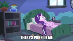 Size: 888x499 | Tagged: safe, edit, edited screencap, imported from derpibooru, screencap, starlight glimmer, pony, unicorn, every little thing she does, bed, female, image macro, implied porn, mare, meme, meta, on back, pillow, porn, realization, solo, starlight bedridden