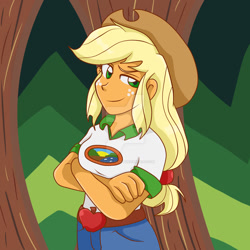 Size: 1024x1024 | Tagged: safe, artist:yoshimarsart, imported from derpibooru, applejack, equestria girls, legend of everfree, clothes, cowboy hat, crossed arms, denim, female, freckles, hat, shorts, solo, stetson, watermark