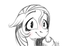 Size: 1280x800 | Tagged: safe, artist:buttersflutterscotch, imported from derpibooru, fluttershy, pegasus, pony, bust, female, floppy ears, looking at you, monochrome, portrait, simple background, sketch, smiling, solo, stray strand, white background