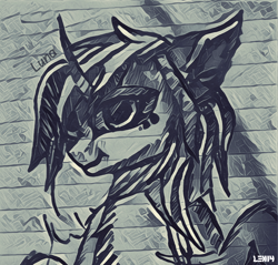 Size: 1034x988 | Tagged: safe, artist:lexi4, artist:lexi4-cg, imported from derpibooru, princess luna, female, monochrome, paper, prisma, requested art, solo