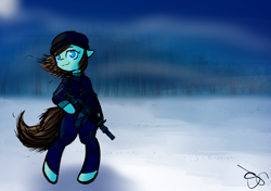 Size: 1024x720 | Tagged: safe, artist:asklemonice, artist:stopandsmile, imported from derpibooru, oc, oc only, pony, :3, aks-74u, beanie, bipedal, clothes, cute, gun, hat, looking at you, moon, rifle, signature, simple background, smiling, snow, solo, suppressor, weapon, wind, windswept mane, winter