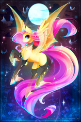 Size: 1847x2760 | Tagged: safe, artist:koveliana, imported from derpibooru, fluttershy, bat pony, pony, chromatic aberration, clothes, cloud, color porn, female, flutterbat, flying, full moon, gem, jewelry, looking at you, night sky, pendant, raised hoof, smiling, solo, stockings, torn clothes, unshorn fetlocks