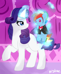 Size: 1024x1229 | Tagged: safe, artist:mississippikite, imported from derpibooru, rainbow dash, rarity, animation error, carousel boutique, clothes, crush plush, female, half r63 shipping, levitation, male, mare, missing cutie mark, plushie, rainbow blitz, rainbow dash plushie, rariblitz, raridash, rule 63, shipping, straight, tuxedo