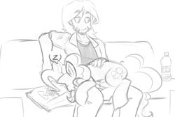 Size: 1280x860 | Tagged: dead source, safe, artist:reiduran, imported from derpibooru, pinkie pie, oc, human, couch, duo, monochrome, mountain dew, sketch, sleeping, soda, z