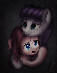 Size: 1814x2320 | Tagged: safe, artist:flufflelord, imported from derpibooru, maud pie, pinkie pie, comforting, crying, dark, duo, fanfic art, hug, pinkamena diane pie