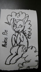 Size: 226x400 | Tagged: safe, artist:katkathasahathat, imported from derpibooru, pinkie pie, pony, cute, eyes closed, female, monochrome, open mouth, sitting, solo, traditional art