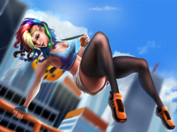 Size: 5887x4389 | Tagged: safe, artist:sunset tide, imported from derpibooru, rainbow dash, human, absurd resolution, armpits, backpack, breasts, busty rainbow dash, cleavage, clothes, female, gloves, humanized, midriff, mirror's edge, outdoors, pants, parkour, pixiv, shoes, shorts, sneakers, socks, solo, sports bra, tanktop, thigh highs