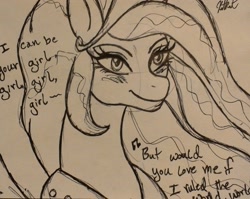 Size: 1979x1573 | Tagged: safe, artist:katkathasahathat, imported from derpibooru, princess celestia, female, heavy metal lover, lady gaga, monochrome, solo, song, song reference, traditional art