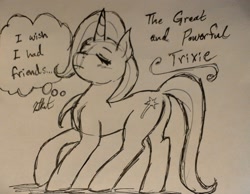 Size: 2064x1603 | Tagged: safe, artist:katkathasahathat, imported from derpibooru, trixie, pony, unicorn, eyes closed, female, lonely, magic, mare, monochrome, solo, the great and friendless, thought bubble, traditional art