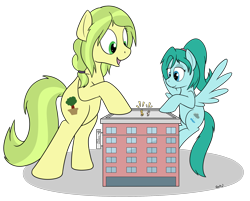 Size: 2308x1852 | Tagged: safe, artist:rapidstrike, imported from derpibooru, oc, oc only, oc:cumulonimbus, oc:goatmod, oc:paige, oc:sequoia, earth pony, goat, pegasus, pony, bedroom eyes, building, giant pony, loss (meme), macro, simple background, smiling, transparent background