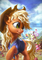 Size: 850x1200 | Tagged: safe, artist:assasinmonkey, imported from derpibooru, applejack, fluttershy, pinkie pie, rainbow dash, earth pony, pegasus, pony, buckball season, applejack's hat, ball, bucket, clothes, cowboy hat, cute, female, hat, jackabetes, looking back, mare, messy mane, raised hoof, shirt, smiling, solo focus, stetson