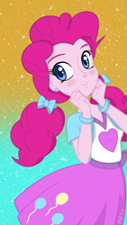 Size: 750x1334 | Tagged: safe, artist:burning-heart-brony, imported from derpibooru, pinkie pie, equestria girls, blushing, bracelet, clothes, cute, diapinkes, female, jewelry, phone wallpaper, pigtails, skirt, solo, wallpaper