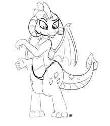 Size: 1280x1465 | Tagged: safe, artist:pabbley, imported from derpibooru, princess ember, dragon, clothes, female, monochrome, panties, sketch, solo, underwear