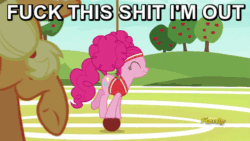 Size: 500x281 | Tagged: safe, edit, edited screencap, imported from derpibooru, screencap, applejack, pinkie pie, earth pony, pony, buckball season, animated, apple, buckball, buckball uniform, butt, caption, clothes, discovery family logo, duo, female, food, freckles, gif, i'm out, mare, pinkie being pinkie, pinktails pie, plot, reaction image, smiling, solo focus, vulgar