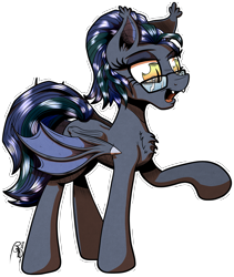 Size: 3371x3986 | Tagged: safe, artist:gray--day, imported from derpibooru, oc, oc only, oc:jynxx, bat pony, pony, bat pony oc, fangs, glasses, open mouth, patreon, patreon reward, raised hoof, signature, simple background, solo, transparent background