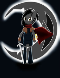 Size: 788x1013 | Tagged: safe, artist:shin shin, imported from derpibooru, oc, oc only, oc:steel crescent, pony, armor, bipedal, black mane, brown eyes, cape, clothes, cutie mark, male, shield, simple background, solo, stallion, standing, sword, weapon