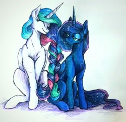 Size: 1063x1024 | Tagged: safe, artist:buttersprinkle, imported from derpibooru, princess celestia, princess luna, alicorn, pony, alternate hairstyle, braid, cute, cutelestia, duo, eyes closed, female, intertwined manes, lunabetes, mare, royal sisters, sisters, smiling, traditional art