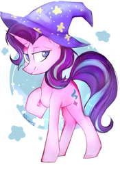 Size: 500x714 | Tagged: safe, artist:pineapple sweet, imported from derpibooru, starlight glimmer, accessory swap, female, lidded eyes, looking at you, smiling, solo, trixie's hat