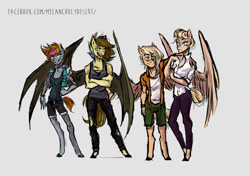 Size: 1600x1124 | Tagged: safe, artist:lya, imported from derpibooru, anthro, bat pony, pegasus, unicorn, art trade, blouse, clothes, glasses, jeans, laughing, male, pants, shirt, shorts, smiling, standing, wings