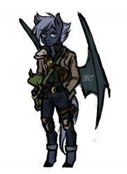 Size: 853x1173 | Tagged: safe, artist:lya, imported from derpibooru, oc, oc only, oc:loth, anthro, bat pony, bag, male, post-apocalyptic, solo, standing, wings