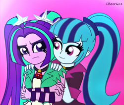 Size: 1612x1364 | Tagged: safe, artist:cbear624, imported from derpibooru, aria blaze, sonata dusk, equestria girls, annoyed, arisona, female, lesbian, shipping, smiling