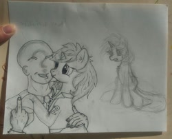Size: 1768x1428 | Tagged: safe, artist:gallus, imported from derpibooru, oc, oc only, oc:anon, oc:homage, oc:littlepip, human, pony, unicorn, fallout equestria, black and white, clothes, crying, fanfic, fanfic art, female, fuck lesbians, funny, good end, grayscale, horn, incomplete, jumpsuit, kissing, mare, middle finger, monochrome, pipbuck, simple background, sketch, traditional art, vault suit, vulgar, white background