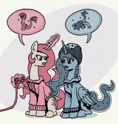 Size: 836x877 | Tagged: safe, artist:sensko, imported from derpibooru, princess celestia, princess luna, mermaid, merpony, two best sisters play, argument, clothes, controller, hoodie, reverse merpony, speech bubble, two best friends play
