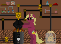 Size: 798x574 | Tagged: safe, artist:blunttongs, imported from derpibooru, oc, oc only, oc:flask, pony, unicorn, animated, automagy, bipedal, bipedal leaning, distillation, distiller, distillery, gif, horn, indoors, looking at you, magic, magic aura, pixel art, potion, potion making, solo, telekinesis, thaumcraft, unicorn oc
