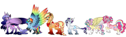 Size: 5000x1500 | Tagged: safe, artist:rarityforever, imported from derpibooru, applejack, fluttershy, pinkie pie, rainbow dash, rarity, twilight sparkle, alicorn, classical unicorn, pony, absurd resolution, alternate universe, braid, braided tail, cloven hooves, coat markings, colored wings, colored wingtips, curved horn, ethereal mane, eye scar, eyepatch, jewelry, leonine tail, line-up, mane six, missing eye, multicolored wings, rainbow feathers, rainbow power, rainbow wings, redesign, regalia, scar, simple background, socks (coat marking), socks (coat markings), starry mane, tail feathers, twilight sparkle (alicorn), unshorn fetlocks, white background