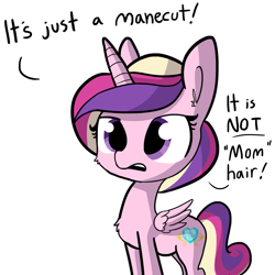 Size: 1280x1280 | Tagged: safe, artist:tjpones, imported from derpibooru, princess cadance, alicorn, pony, alternate hairstyle, blatant lies, cute, cutedance, denial, dialogue, female, implied flurry heart, maternal coiffure, mom hair, open mouth, politics in the comments, simple background, solo, tjpones is trying to murder us, white background
