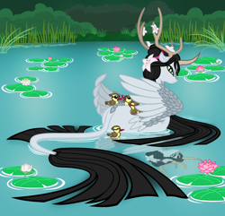 Size: 2294x2214 | Tagged: safe, artist:saturngrl, imported from derpibooru, oc, oc only, oc:lady yin, duck pony, kirin, original species, winged kirin, duckling, empress, lilypad, my little pony, neigh-beyul, pegaduck, water