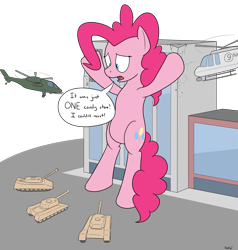 Size: 2609x2741 | Tagged: safe, artist:rapidstrike, imported from derpibooru, pinkie pie, pony, bipedal, city, dialogue, exclamation point, female, giant pony, helicopter, hooves up, macro, military, open mouth, request, requested art, solo, speech bubble, tank (vehicle)