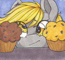 Size: 400x371 | Tagged: safe, artist:nothingspecialx9, imported from derpibooru, derpy hooves, pegasus, pony, atg 2016, choice, female, food, indecision, muffin, newbie artist training grounds, solo, traditional art