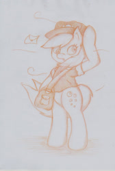 Size: 786x1169 | Tagged: safe, artist:o-silversoul-o, imported from derpibooru, derpy hooves, pony, bag, bipedal, female, hat, letter, mail, mailbag, mailmare, mailpony, solo, standing, traditional art, wind