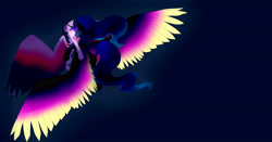 Size: 6541x3435 | Tagged: safe, artist:twigpony, imported from derpibooru, princess luna, twilight sparkle, twilight sparkle (alicorn), alicorn, pony, colored wings, colored wingtips, female, large wings, lesbian, mare, shipping, spread wings, twiluna