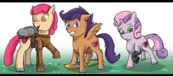 Size: 1200x529 | Tagged: safe, artist:wag-tail, imported from derpibooru, apple bloom, scootaloo, sweetie belle, amputee, armor, back to the future, crossover, cutie mark, cutie mark crusaders, hoverboard, jetpack, prosthetic limb, prosthetics, terminator, the cmc's cutie marks, the rocketeer