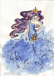 Size: 1241x1754 | Tagged: safe, artist:xerachan, imported from derpibooru, princess celestia, human, clothes, dress, female, humanized, solo, traditional art, watercolor painting