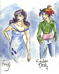 Size: 1236x1553 | Tagged: safe, artist:xerachan, imported from derpibooru, rainbow dash, rarity, human, humanized, traditional art, watercolor painting