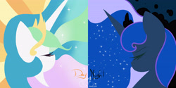 Size: 4724x2362 | Tagged: safe, artist:fantazy-mad, imported from derpibooru, princess celestia, princess luna, duality